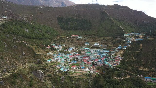 Flight over namche bazaar, the largest village on the way to Mount Everest, Nepal.