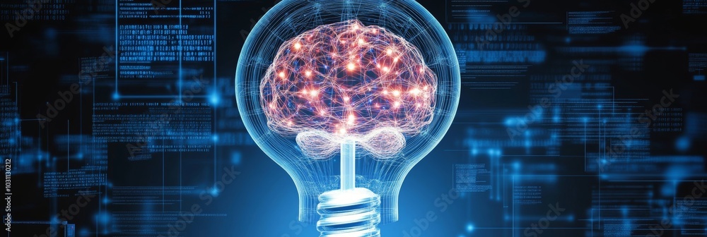 Poster artificial intelligence concept human brain inside light bulb against digital background with code