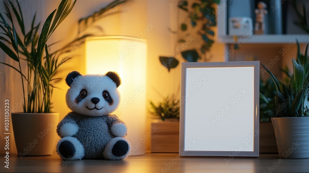 Poster serene red panda props in illuminated picture frame â€“ close-up photography with soft glowing aesth