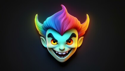 Minimalistic 3D cartoon rainbow vampire emoji on black, holographic colors, Octane rendering, high quality.