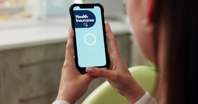 Hands, woman and phone screen for health insurance at house, website information and subscription success. Girl, click and mobile sign up for future security, application site and wellness guarantee