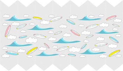 Surfing sport, surfboards, paddle boards, beach, water patterned wallpaper. Conceptual abstract illustration. Artistic patterns. Business, travel, vacation, hobby concepts. Playful, colorful