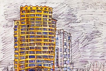 hand drawn illustration with markers of skyscrapers in the city. Construction and architecture
