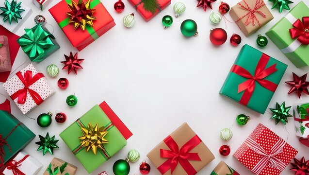 Felicitaci&oacute;n de navidad con fondo blanco lleno de regalos, lazos y adornos navide&ntilde;os