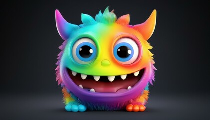 Fototapeta premium Minimalistic 3D cartoon rainbow monster emoji on black, holographic colors, Octane rendering, high quality.
