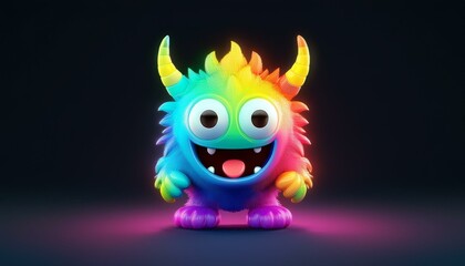 Fototapeta premium Minimalistic 3D cartoon rainbow monster emoji on black, holographic colors, Octane rendering, high quality.