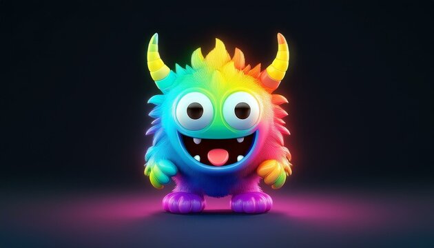 Minimalistic 3D cartoon rainbow monster emoji on black, holographic colors, Octane rendering, high quality.