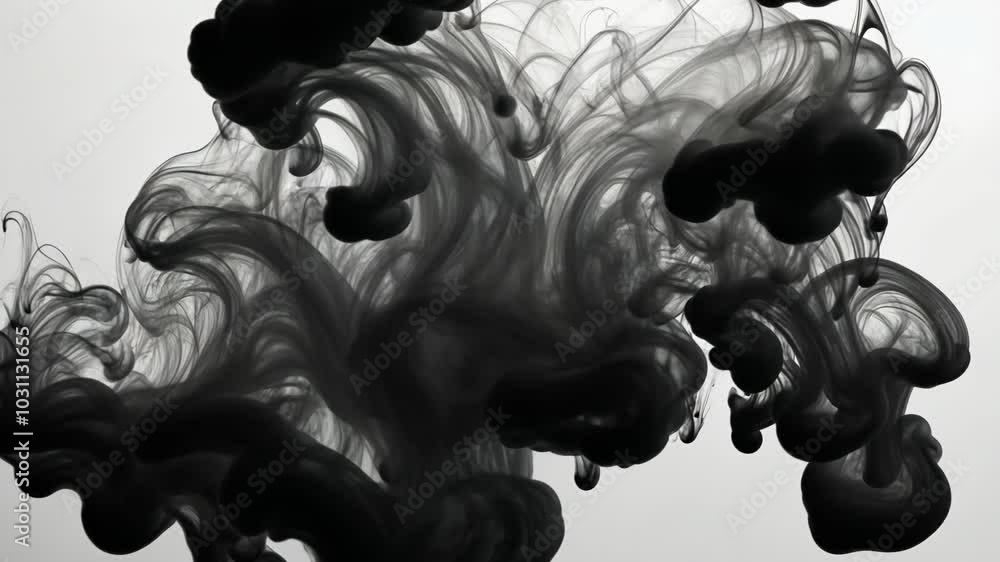Poster black ink swirls and dances in water, creating intricate patterns against a white background