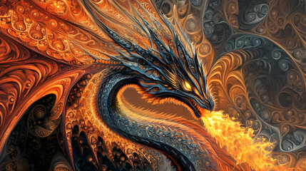Abstract fractal background. Fire-breathing Wyvern. Illustration
