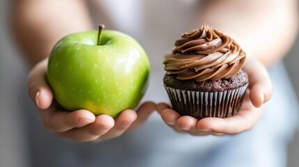 Hands holding green apple and chocolate cupcake making healthy choice