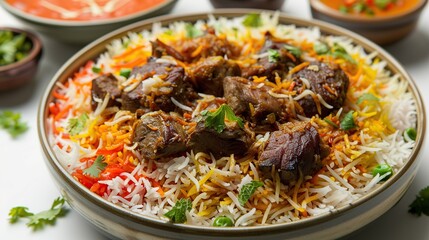 Fototapeta premium A bowl of delicious biryani with meat and colorful rice.