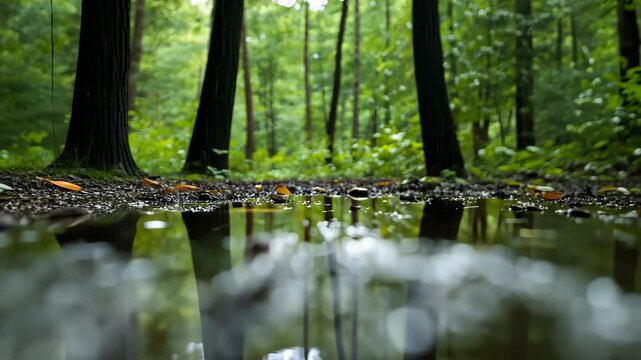 A puddle reflects the green trees in a forest after a rain shower
