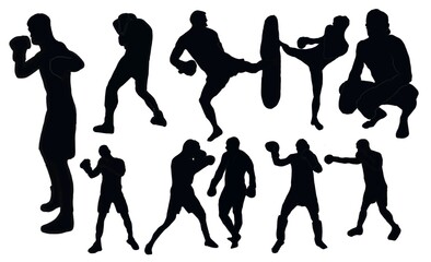 silhouette person. Boxing silhouettes. Boxing set silhouette illustration. Set of boxing Silhouette . Hand drawn black silhouettes. male.
