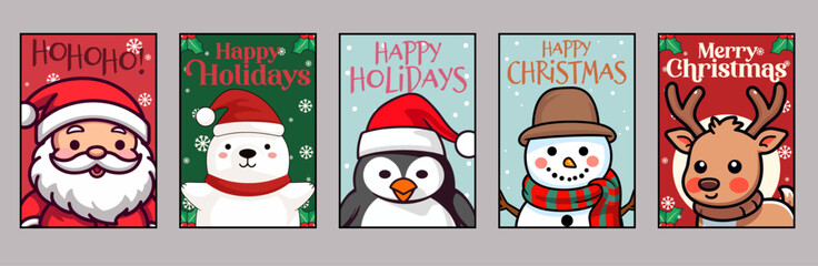 Mega Set of Christmas Cards with Merry Christmas Greeting and Characters Lettering Vector
