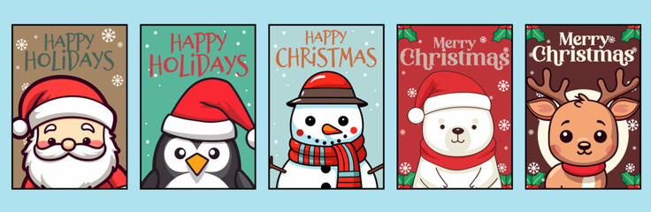 Vector of Christmas Characters Lettering in Merry Christmas Greeting Mega Card Set
