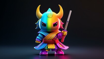 Minimalistic 3D cartoon rainbow samurai emoji on black, holographic colors, Octane rendering, high quality.