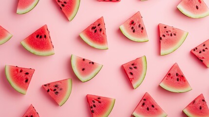 Watermelon slices arranged on pink background forming a pattern