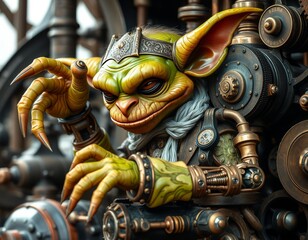 Mischievous goblin engineer tinkering with complex mechanical device in cluttered workshop