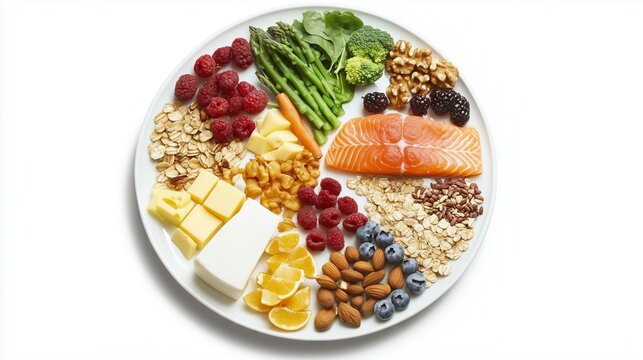 Healthy food on plate making balanced diet from above