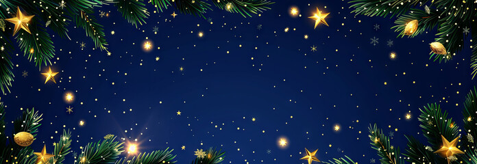 Festive Christmas Fir Tree Border with Golden Stars on a Starry Night Background Celebrating the Beauty of Christmas and Holiday Magic. Copy space