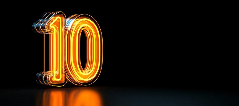 Glowing Neon Number 10 On A Dark Background With Reflections, Three-Dimensional Rendering