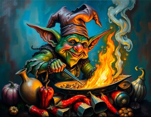 Cheerful goblin chef preparing magical feast in whimsical kitchen