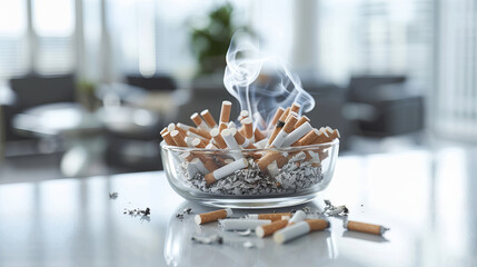 Glass Ashtray Overflowing with Cigarette Butts on a Modern Table - Concept of Smoking Habits, Health Risks, Cleanliness Concerns