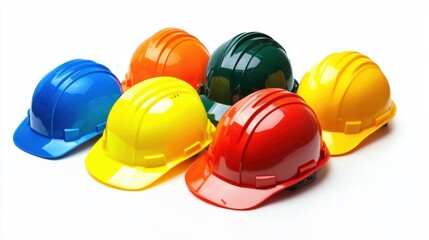 Colorful Construction Safety Helmets on White Background