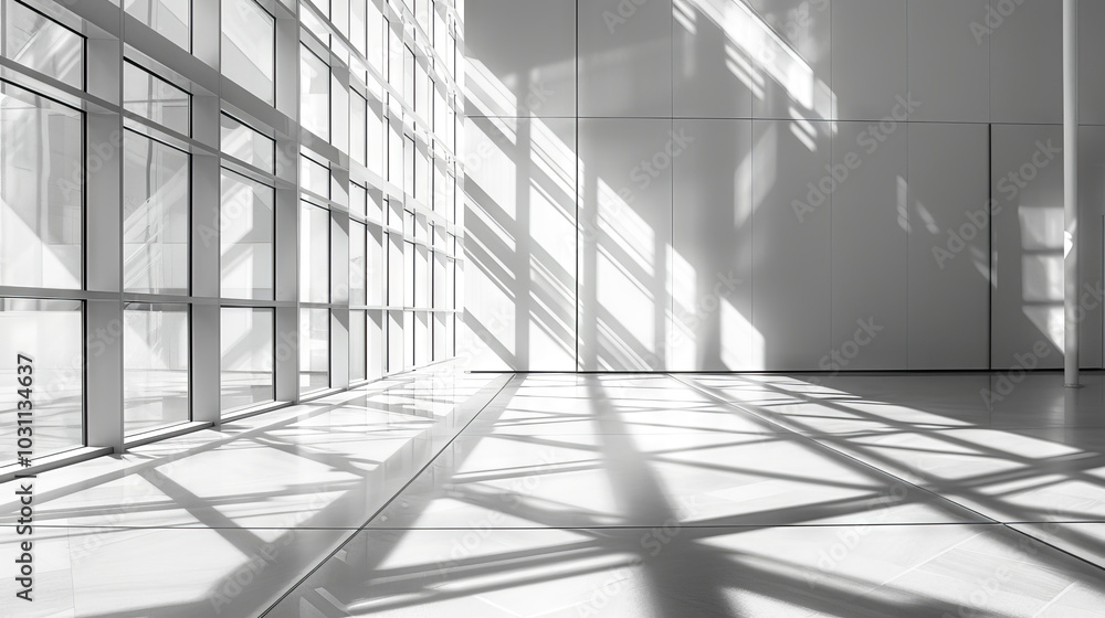 Poster modern sunlit atrium with geometric shadows on white walls and floor creating minimalist and archite