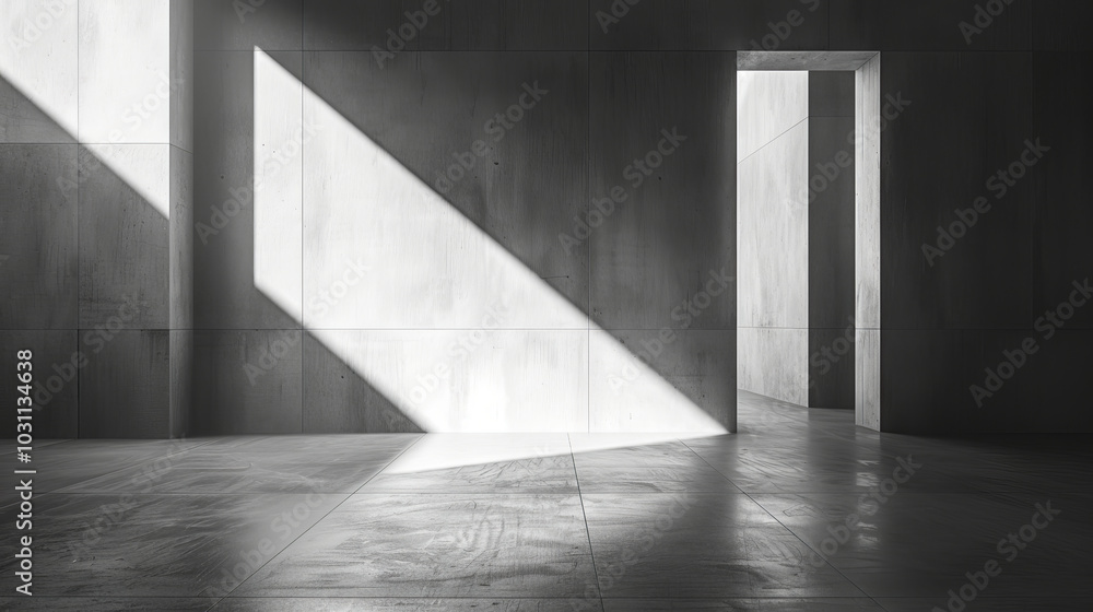 Poster minimalist architectural interior featuring sunlit concrete walls and open doorway creating dramatic