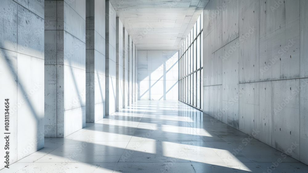 Poster minimalist concrete hallway with sunlit patterns and smooth surfaces reflecting modern architecture.