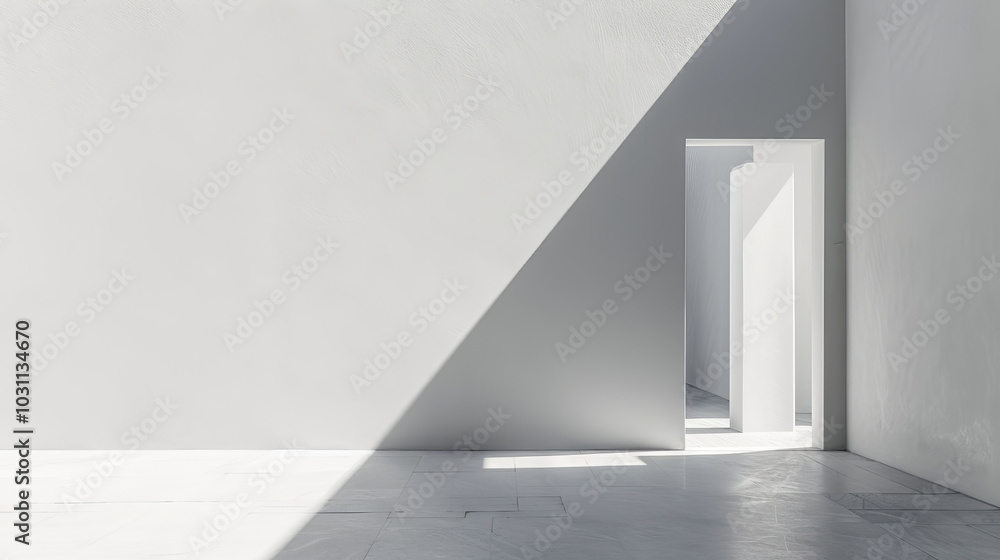 Poster minimalist interior with a narrow doorway and soft sunlight streaming through, creating a serene and