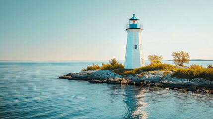 Obraz premium Scenic Lighthouse on a Tranquil Island Surrounded by Calm Waters, Concept of Seaside Solitude, Peaceful Nautical Retreat, Natural Serenity
