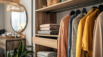 Cozy and Organized Wooden Wardrobe with Neatly Arranged Clothing and Accessories