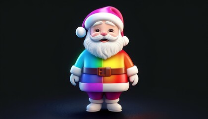 Minimalistic 3D cartoon rainbow santa claus emoji on black, holographic colors, Octane rendering, high quality.