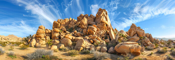 Fototapeta premium Majestic Rocky Desert Landscape with Towering Sandstone Formations under a Blue Sky - Concept of Natural Beauty, Geological Wonder, Outdoor Adventure. Banner
