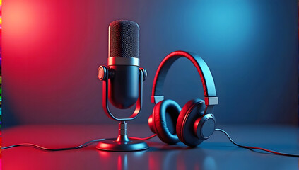 Podcasting and radio concept with retro microphone and headphones on gradient red and blue background
