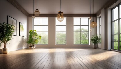 Empty modern interior room with large windows, pendant lights, and potted plant on a clean floo