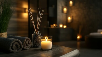 Burning candles and aromatic reed spray and towel set on table in spa salon
