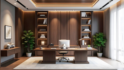 Modern, empty office space with wooden shelves and desks outside of city background