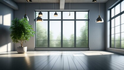 Empty modern interior room with large windows, pendant lights, and potted plant on a clean floo