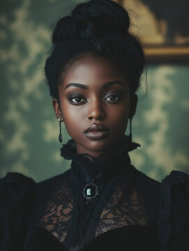 Portrait of Serious Young Woman with Black Hair and High-Necked Old-Fashioned Garment