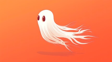A whimsical, cartoon ghost with a surprised expression floats against a bold orange background, bringing a playful twist to the traditionally spooky figure