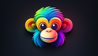 Fototapeta premium Minimalistic 3D cartoon rainbow monkey emoji on black, holographic colors, Octane rendering, high quality.