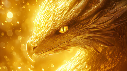 Close-up of a golden yellow dragon with shiny scales and watchful eyes. Golden Griffin. Illustration