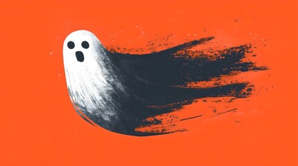 A whimsical, cartoon ghost with a surprised expression floats against a bold orange background, bringing a playful twist to the traditionally spooky figure