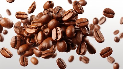 Fototapeta premium A cloud of roasted coffee beans falling against a white background.