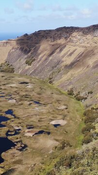 Stunning View of Rano Kau Crater with a Gap at the Southern End, Easter Island, Chile - Vertical 4K