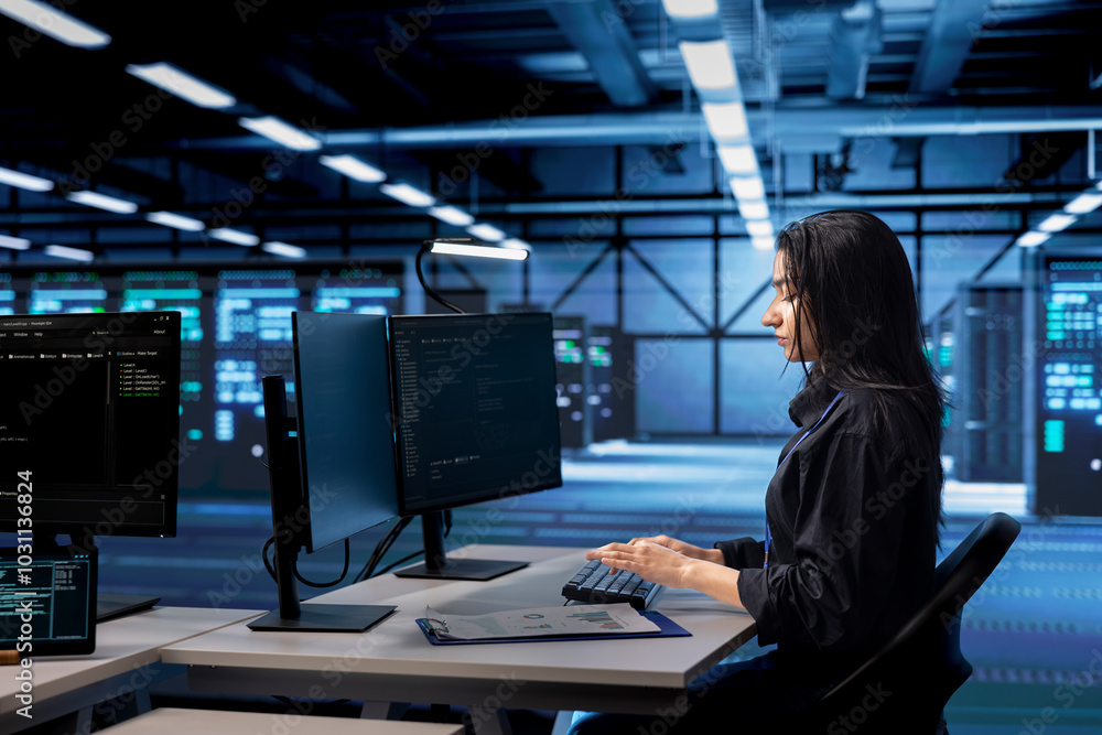 Poster programmer coding on pc, doing maintenance in data center to extend equipment life span and avoid do
