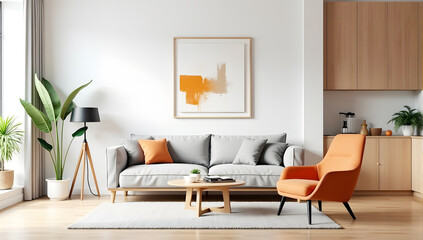 interior design of modern living room. Navy blue sofa against wall with wall art